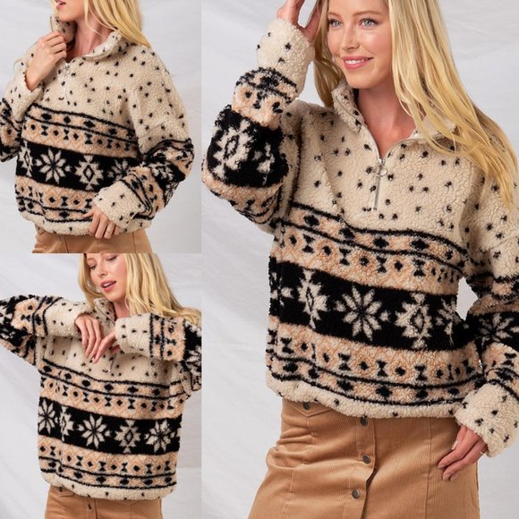 NEW Cream Aztec Sherpa Half Zip Pullover Sweater - Picture 5 of 10